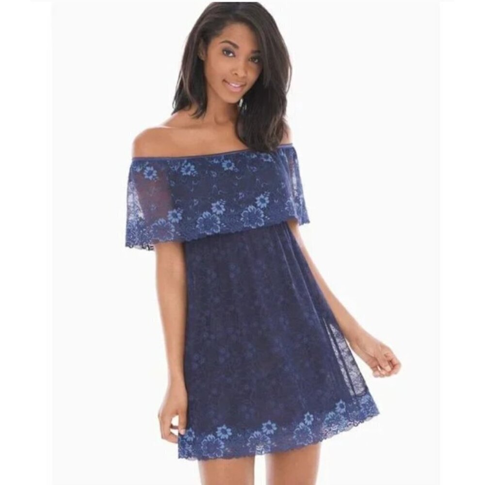 NWT Soma Off The Shoulder Navy Blue Lace Sleep Chemise Dress Nightgown Large